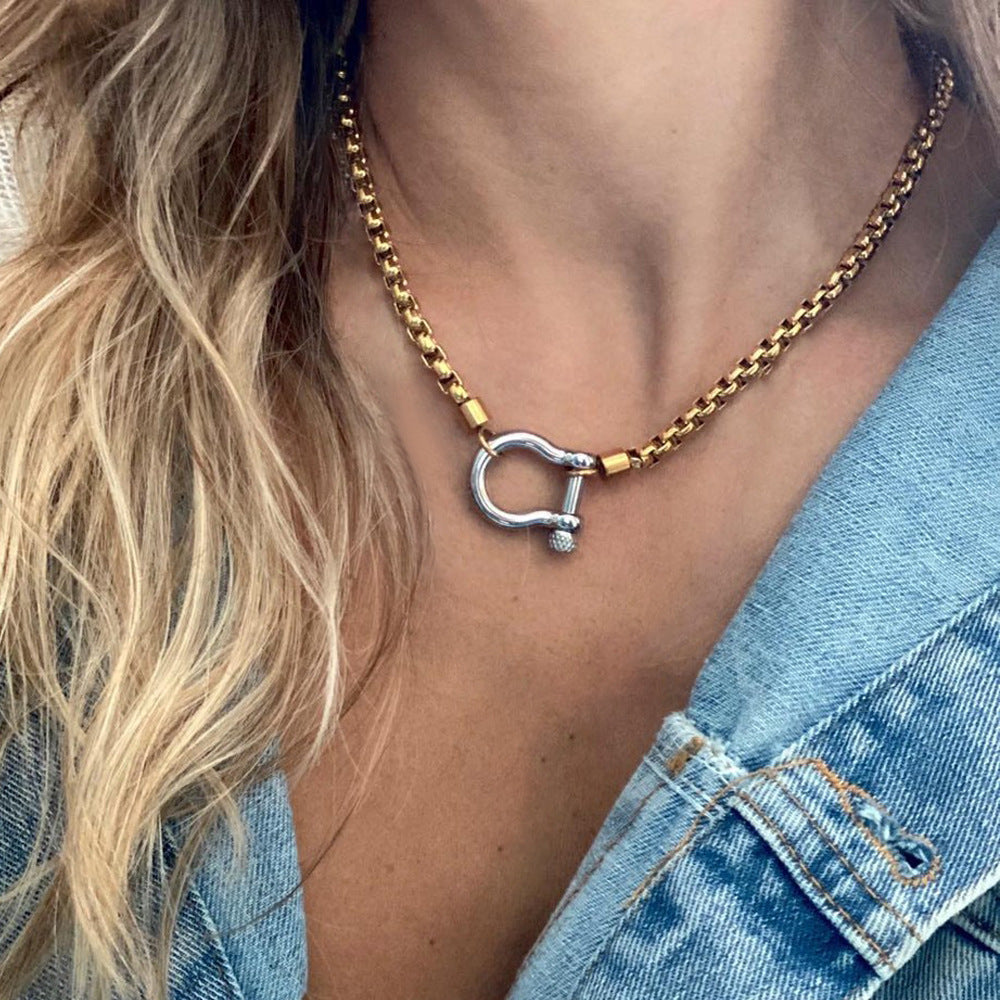 Wholesale Mountaineering buckle necklace 18k gold-plated stainless steel box chain necklace for women and men